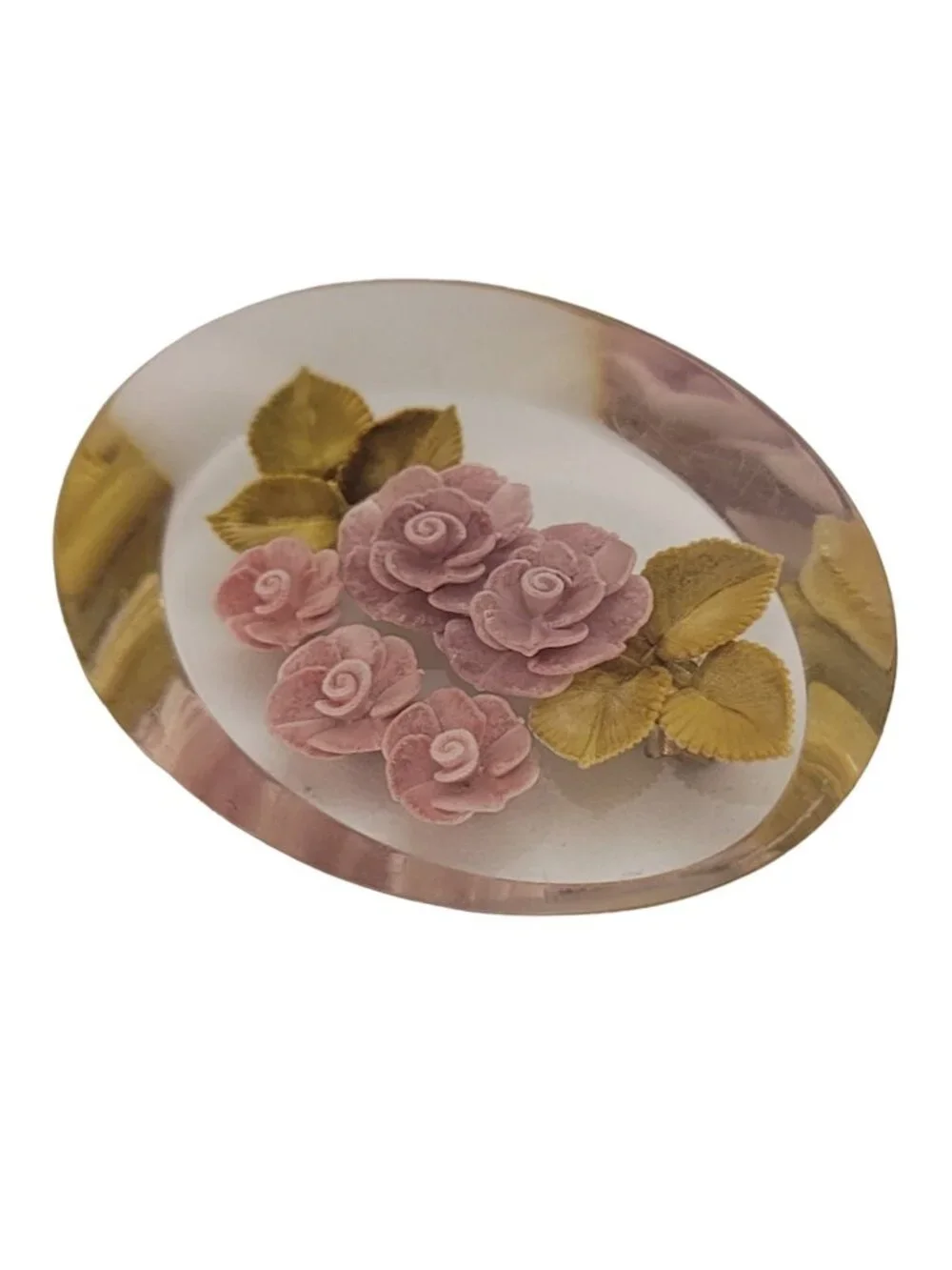 Vintage Clear Lucite Resin Reversed Carved Pink Rose Flower Oval Brooch Pin E269
